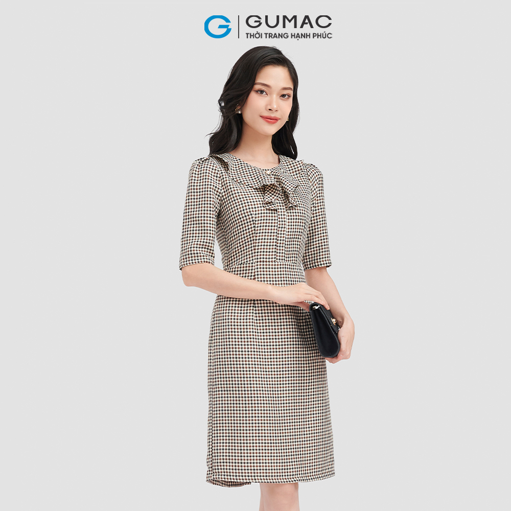 Đầm nữ form A GUMAC LD0918 caro cổ bèo nữ tính