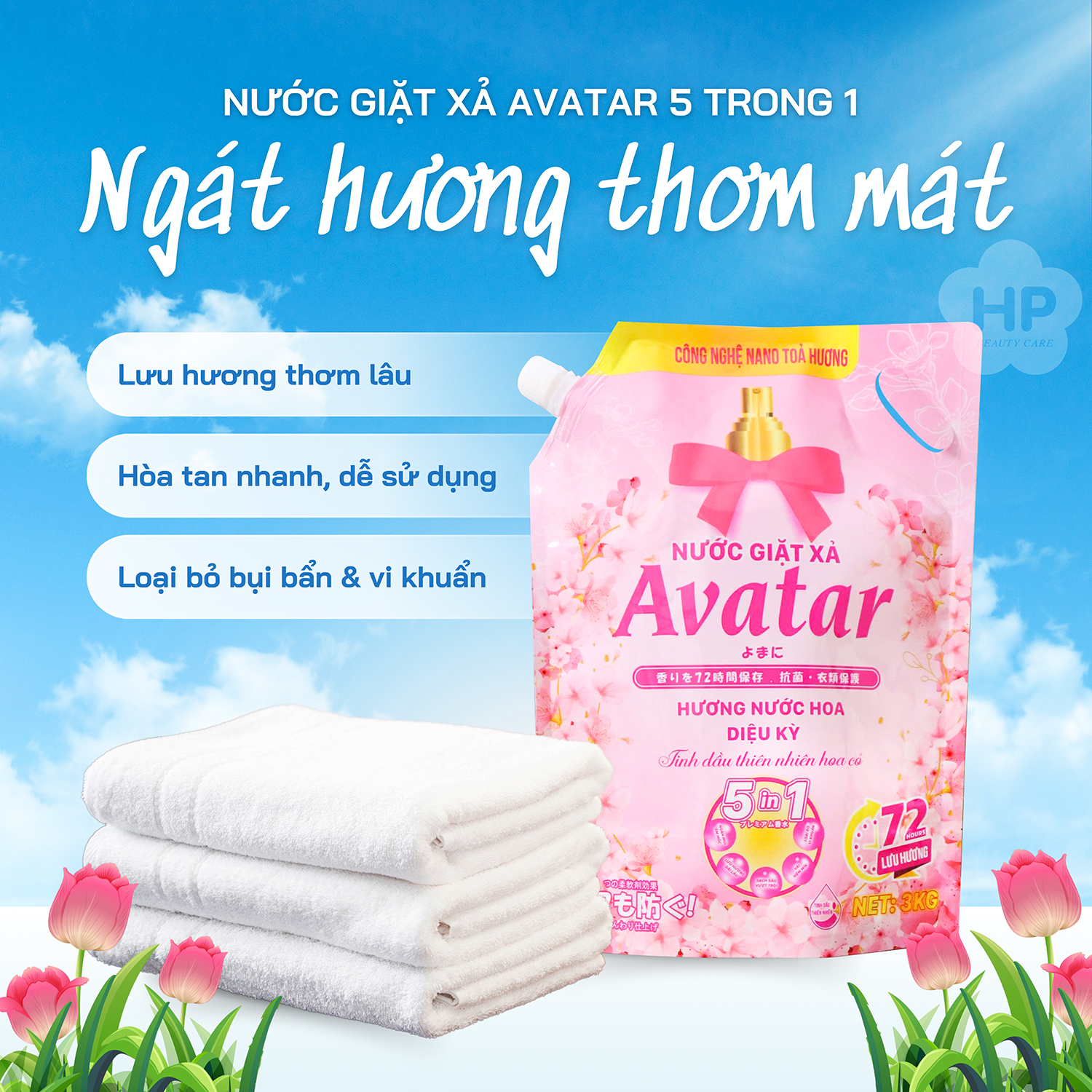 Nước Giặt Xả Avatar 5 Trong 1 Hương Hoa Cỏ Lưu Hương 72h (Túi 3kg)