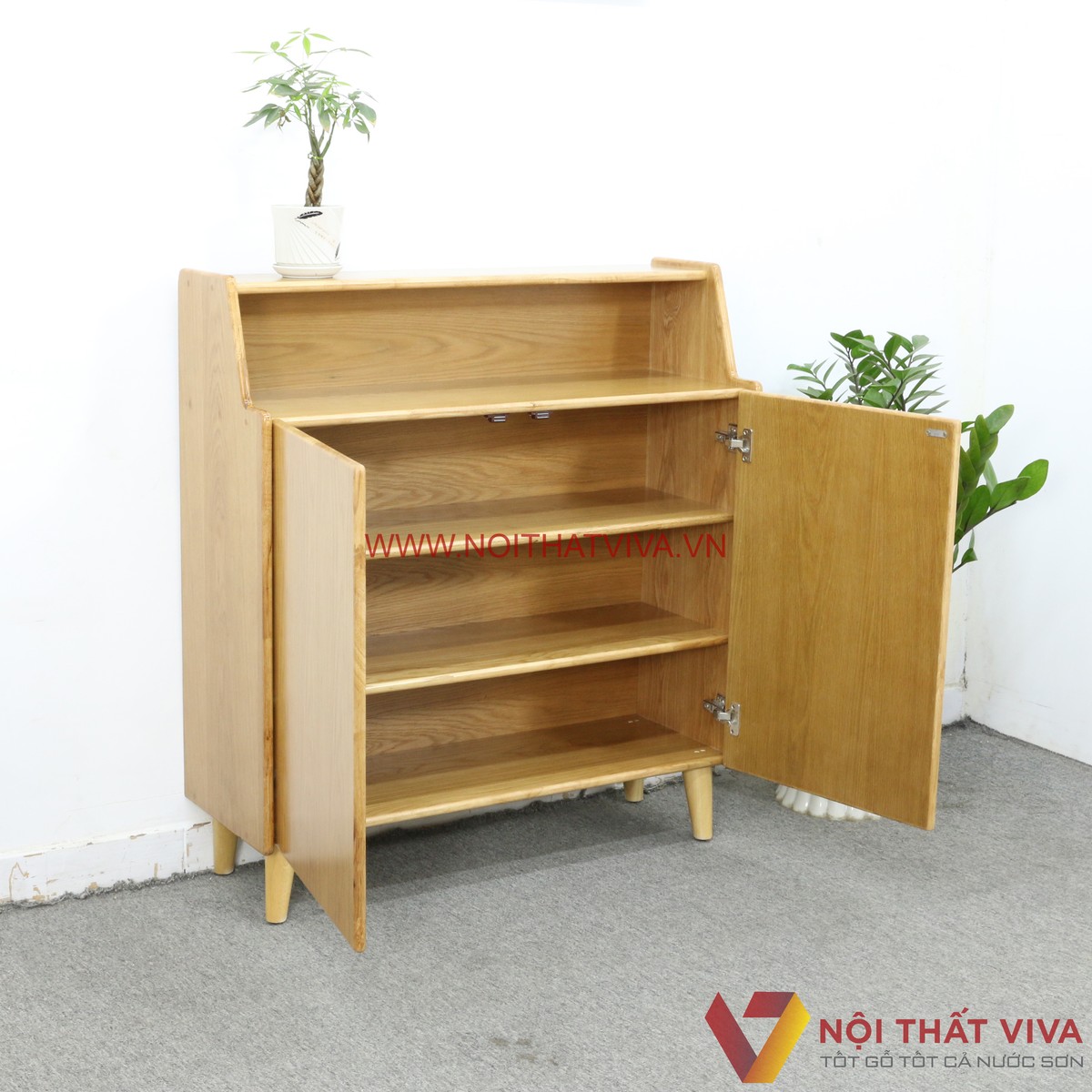 Tủ Đựng Giày Dép Gỗ Tự Nhiên Chân Cao Màu Sồi 4 Tầng Đẹp Giá Rẻ
