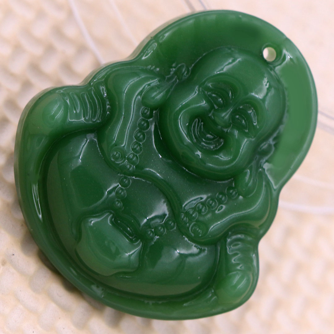 Mặt Phật Di lặc đá xanh 4.3 cm kèm móc inox trắng, mặt dây chuyền Phật cười