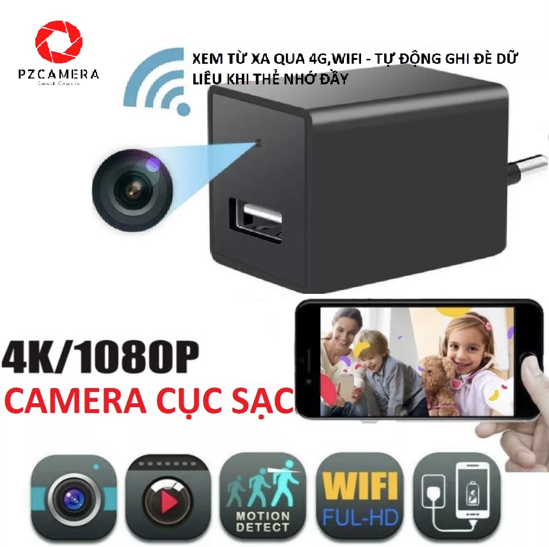 Camera mini cốc sạc xem từ xa, xem trực tiếp, tự động quay lưu. Bảo hành