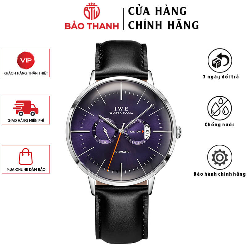 Đồng Hồ Nam I&amp;W CARNIVAL 8053G Chính Hãng Full Box Chống Nước Kính Chống Xước Dây Da Cao Cấp BH 24T (Máy Cơ Tự Động)