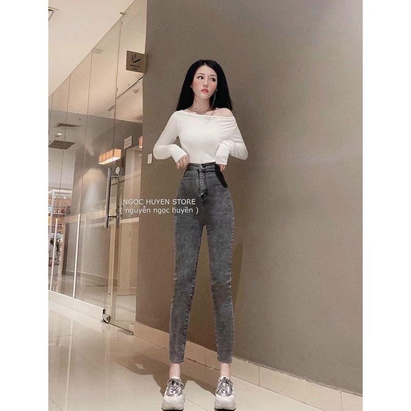 Quần jeans ôm body lưng siêu cao nút kiểu, quần jean nữ, quần bò nữ lưng cao trơn -