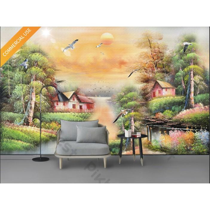 Tranh dán tường Tranh phong cảnh nông thôn yên bình, Tranh dán tường 3d hiện đại MS1210289
