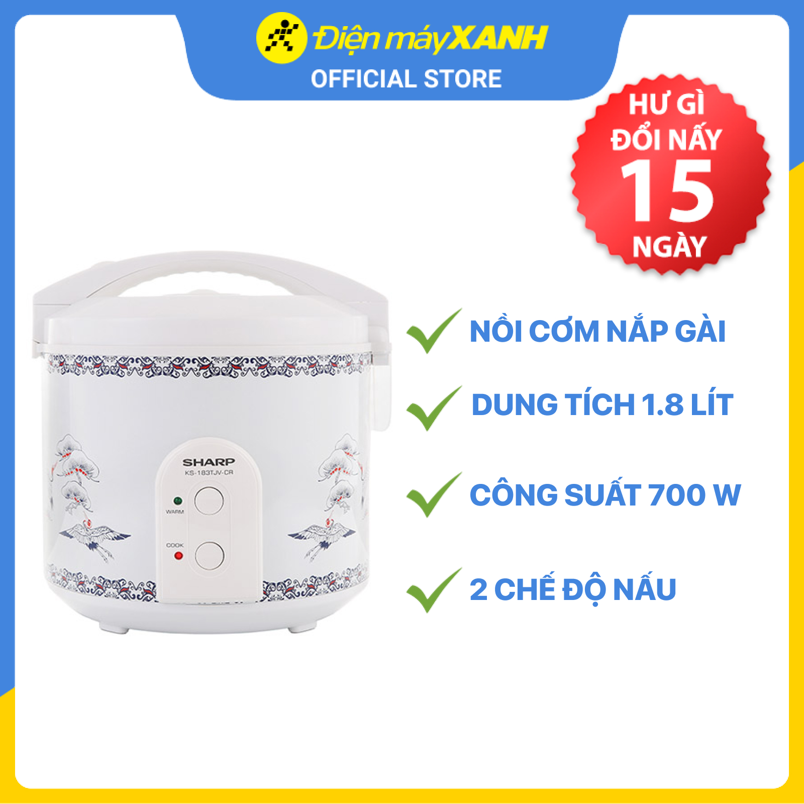 Nồi cơm điện nắp gài Sharp 1.8 lít KS-183TJV-CR - Hàng chính hãng