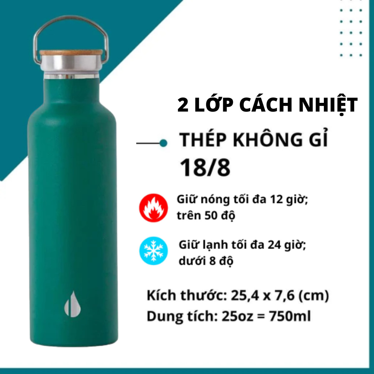 BÌNH GIỮ NHIỆT ELEMENTAL MÀU XANH LÁ , BÌNH NHẬP KHẨU MỸ, ĐẠT CHUẨN FDA HOA KỲ, THÉP 304 KHÔNG GỈ, GIỮ NÓNG LẠNH