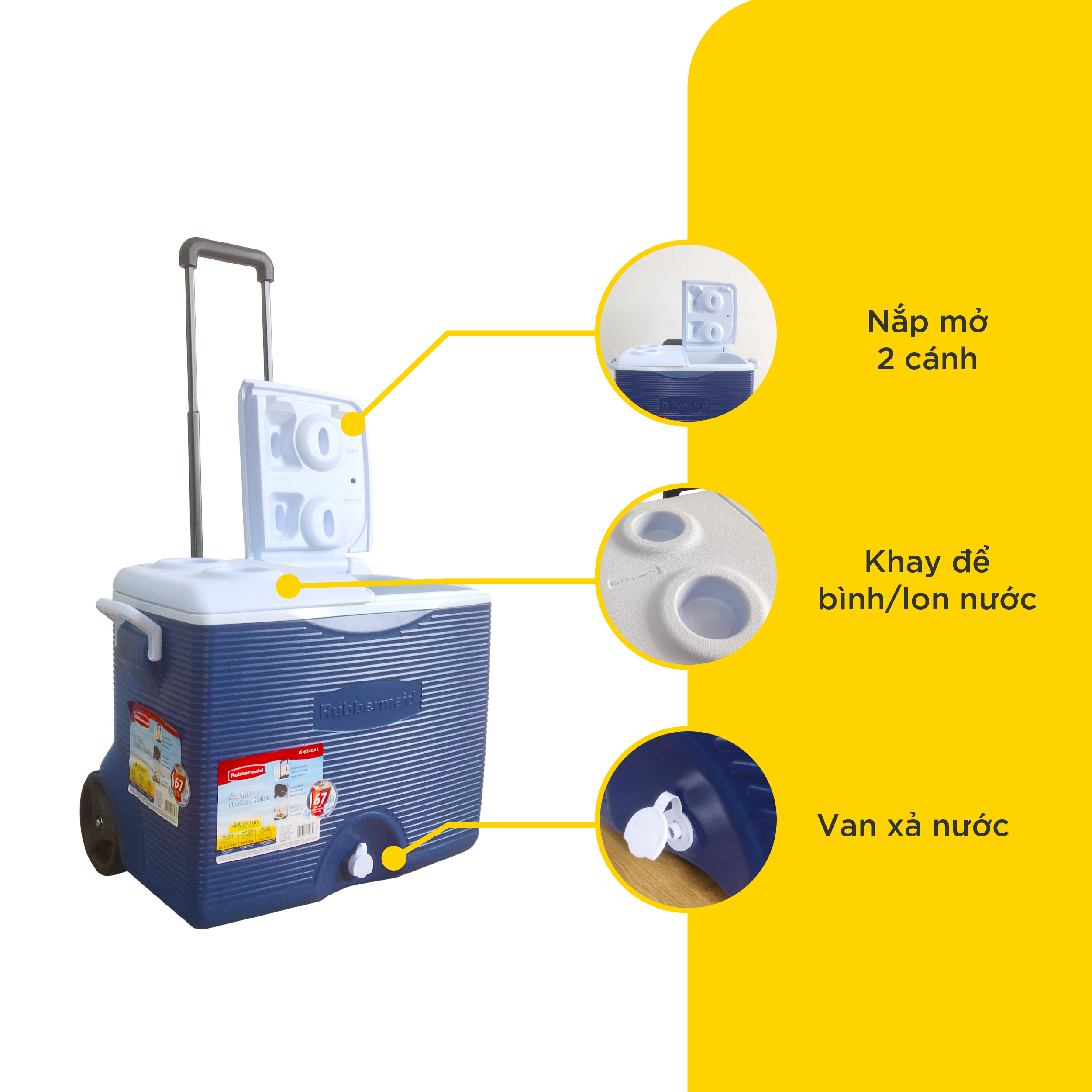 Thùng đá Rubbermaid 42,6L giữ nhiệt siêu lâu, có bánh xe to và tay kéo vali tiện lợi | SAOVIETCO | FG2A9102MODBL