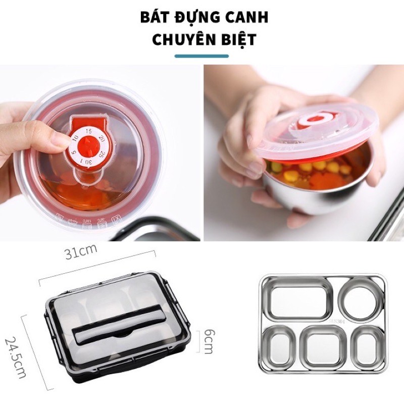 Hộp Cơm Văn Phòng 5 Ngăn Inox 304 Giữ Nhiệt Chống Tràn Có Giá Điện Thoại Tặng Thìa Đũa Cao Cấp