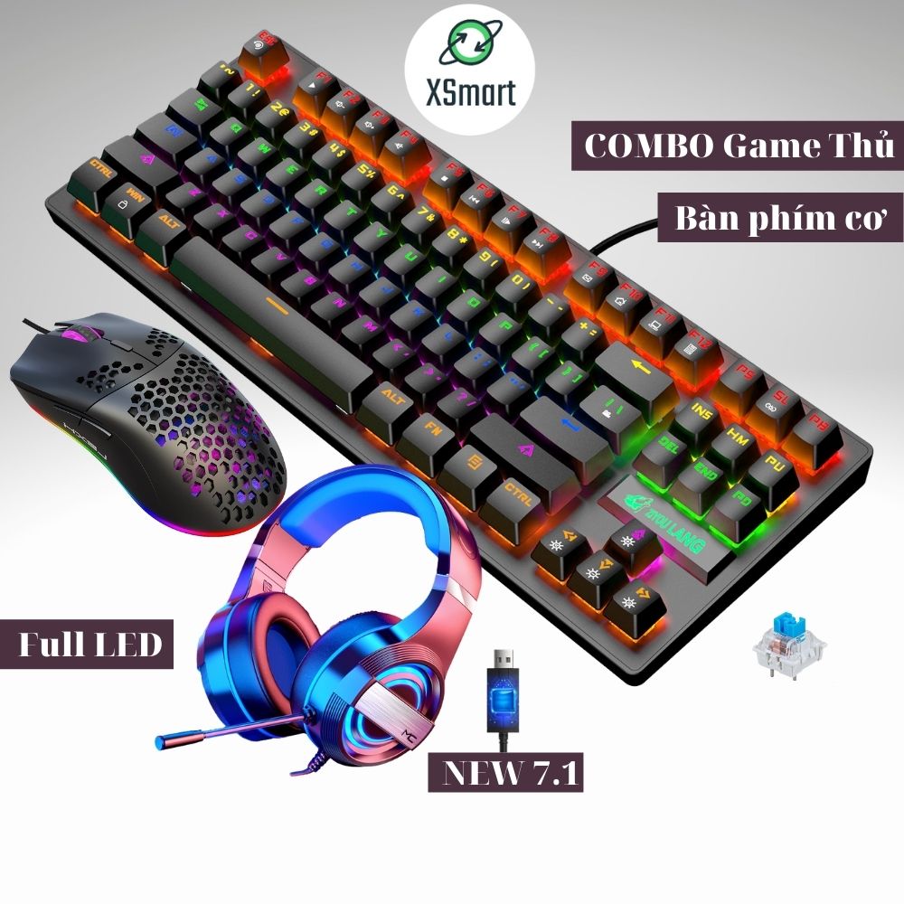 Bộ bàn phím và chuột cơ XSmart kèm tai nghe chụp tai gaming headphone có mic, combo sản phẩm chơi game có LED K2+M8+Q9 7.1 đen - Hàng Chính Hãng