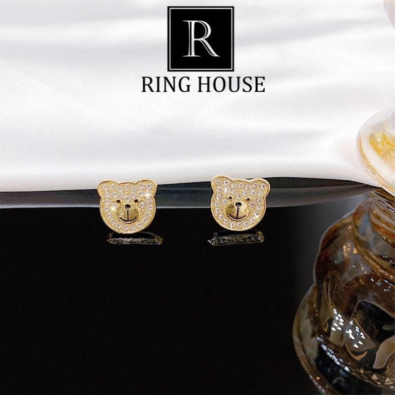 Bông Tai Khuyên Tai Nữ Gấu Đính Ngọc Dễ Thương