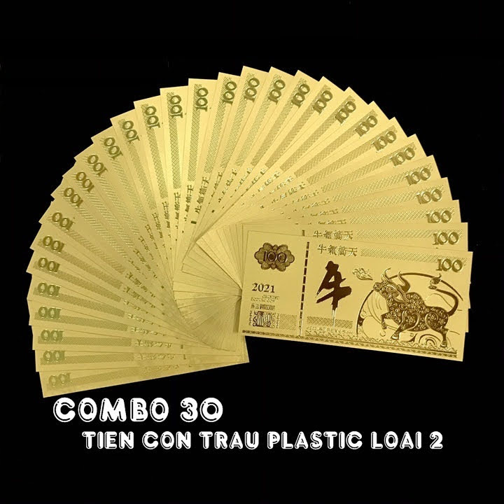 Combo 30 tờ lưu niệm 100 hình con Trâu màu vàng, chất liệu nhựa plastic (loại 1), dùng để trang trí trong nhà