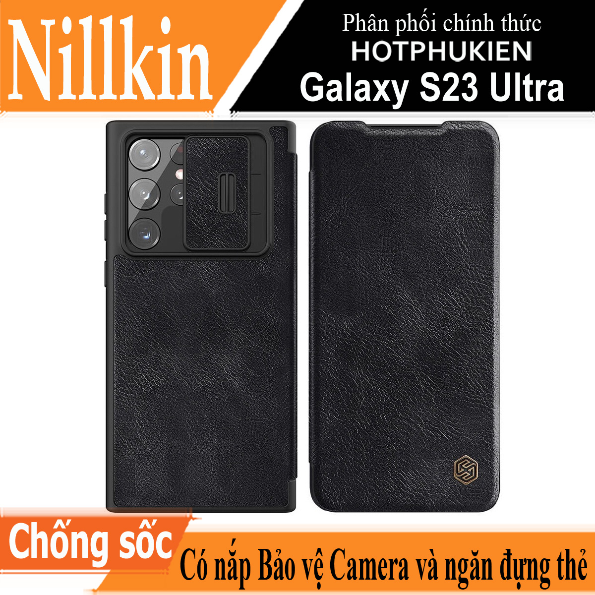 Case bao da chống sốc cho Samsung Galaxy S23 Ultra trang bị nắp bảo vệ Camera hiệu Nillkin Qin Pro (ngăn đựng thẻ ATM Name Card, chất liệu da cao cấp, thiết kế thời trang cá tính) - Hàng nhập khẩu