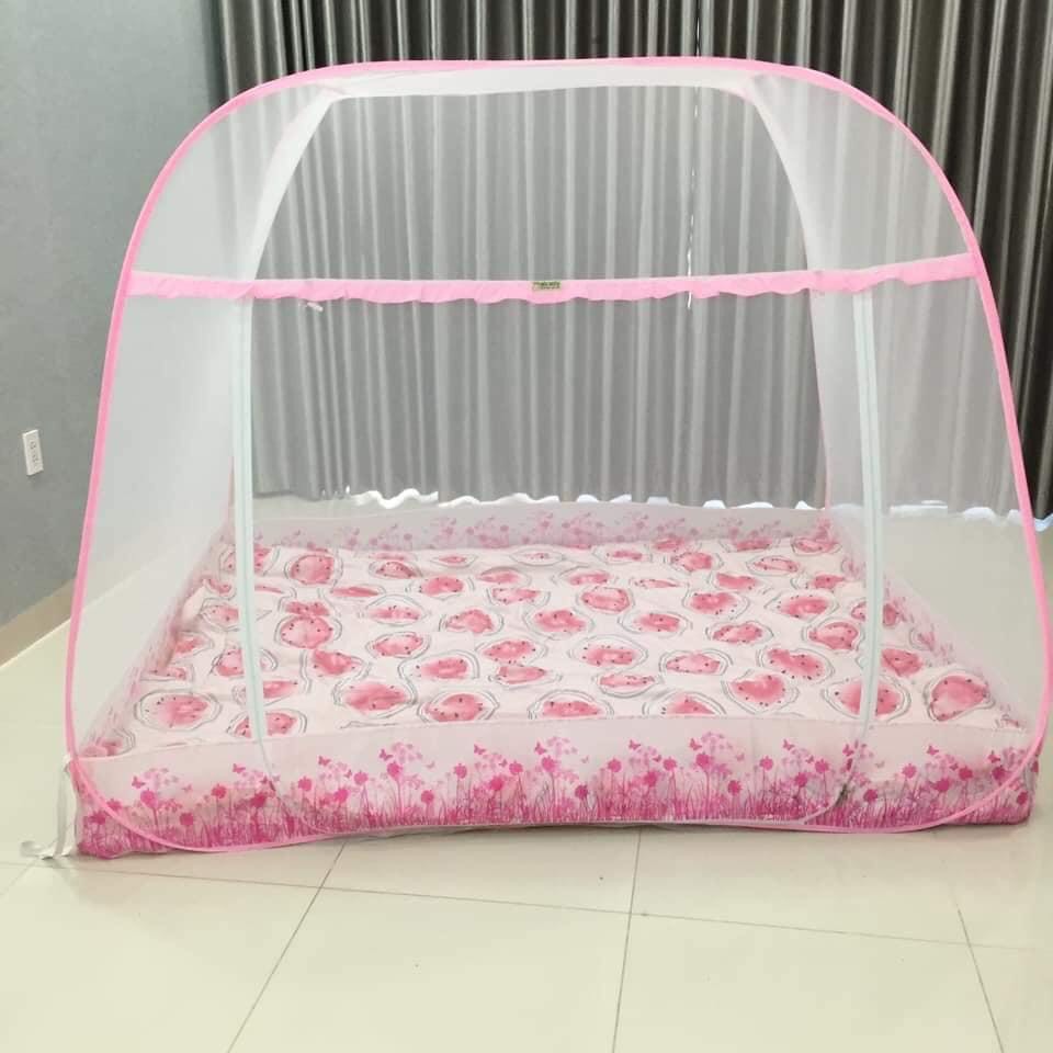 Màn chụp , mùng chụp tự bung cao cấp đỉnh rộng - Trắng Viền Hồng