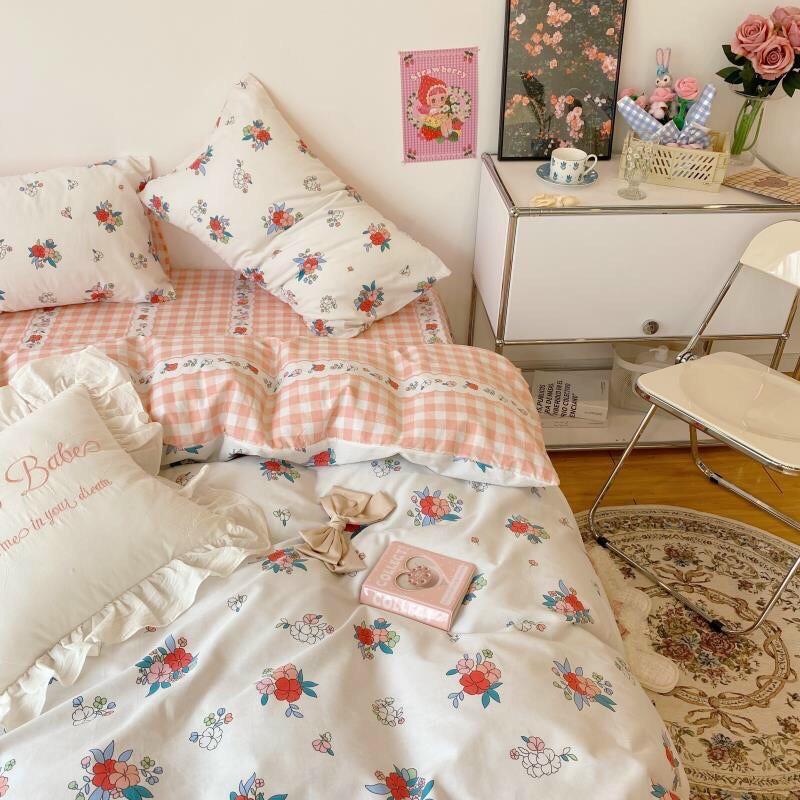 Bộ Chăn Ga Gối Cotton living Cotton 100% Hàng Nhập Khẩu Cao Cấp 4 Món Hoa Nhí Vintage