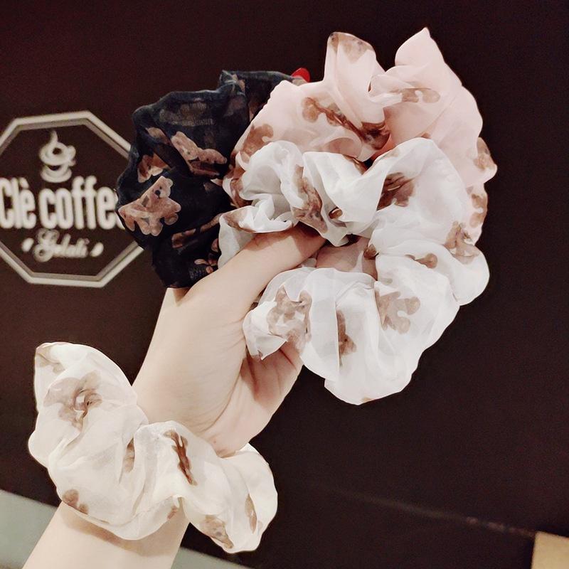 Dây cột tóc scrunchies vải voan họa tiết Gấu Teady