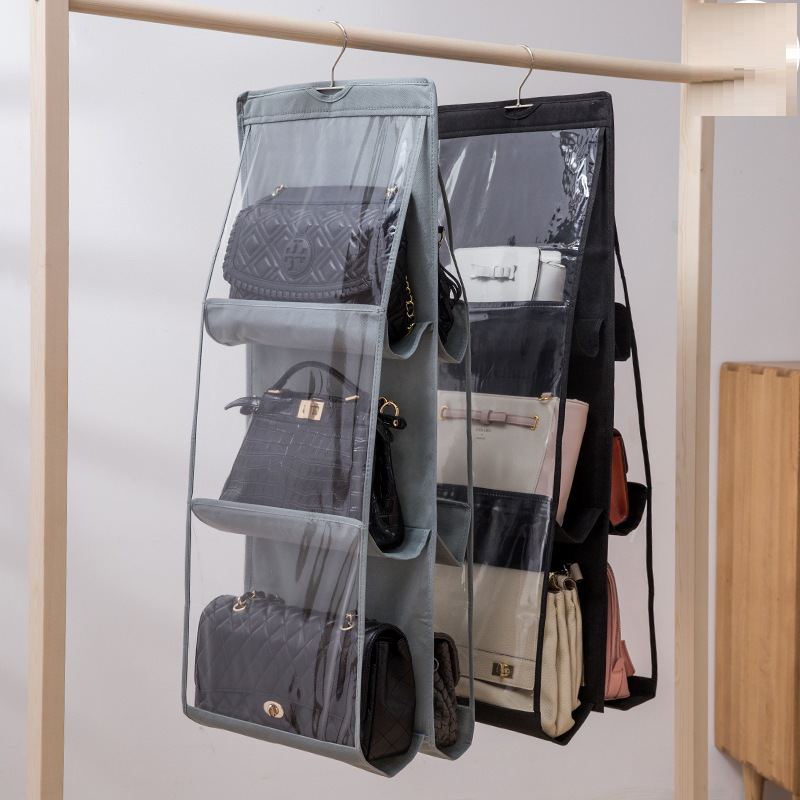 Túi treo giỏ xách chống bụi 3 tầng 6 ngăn, size lớn 90x35 cm, loại tốt kèm móc treo, chọn màu theo ý- XÁM VÀ ĐEN