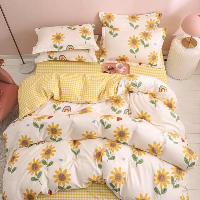 Set Chăn Ga Cotton Poly Hoa Hướng Dương Ga Kẻ Ô Vuông Vàng Mát Bền Cực Độc Shinbedding.shop