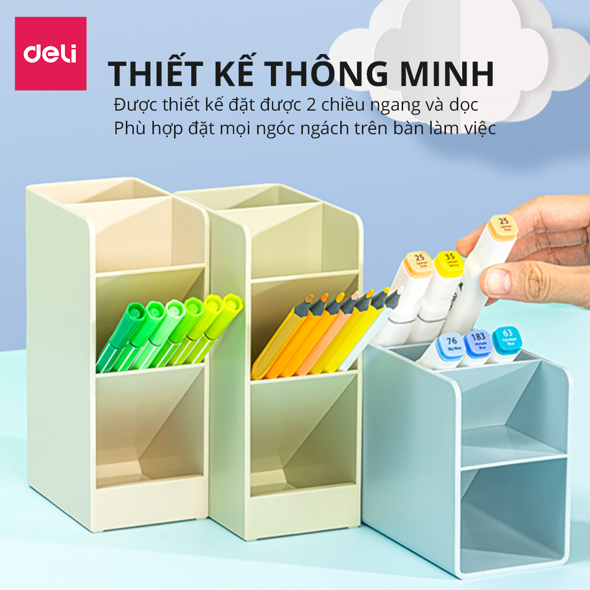 Ống cắm bút đựng đồ văn phòng son mĩ phẩm Deli - 4 / 5 / 8 ngăn - Màu morandi pastel  - Giúp bàn làm việc góc học tập gọn gàng - 8939