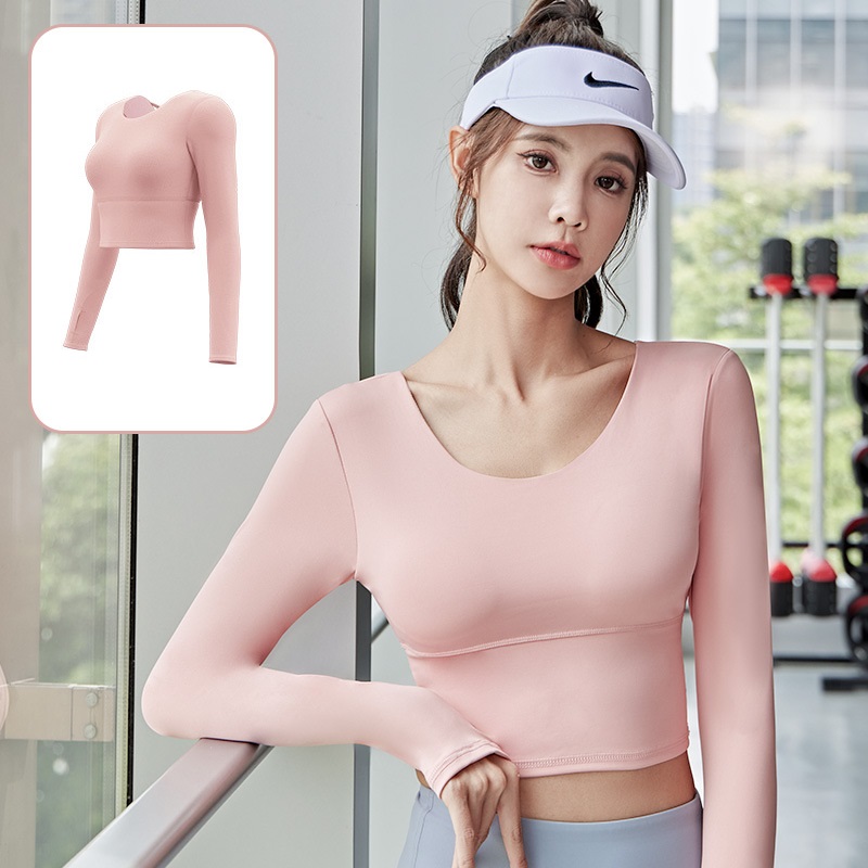 Áo tập gym dáng croptop dài tay xỏ ngón có mút đệm, Áo tập yoga, aerobic cho nữ, dây chéo lưng thời trang
