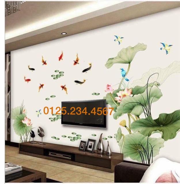 Decal dán tường Cá và hoa sen 3D SIÊU HOT
