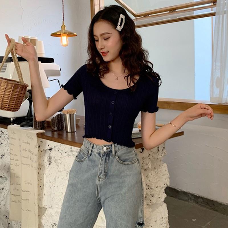 Áo thun len dệt tay ngắn cổ chữ O thời trang cho nữ