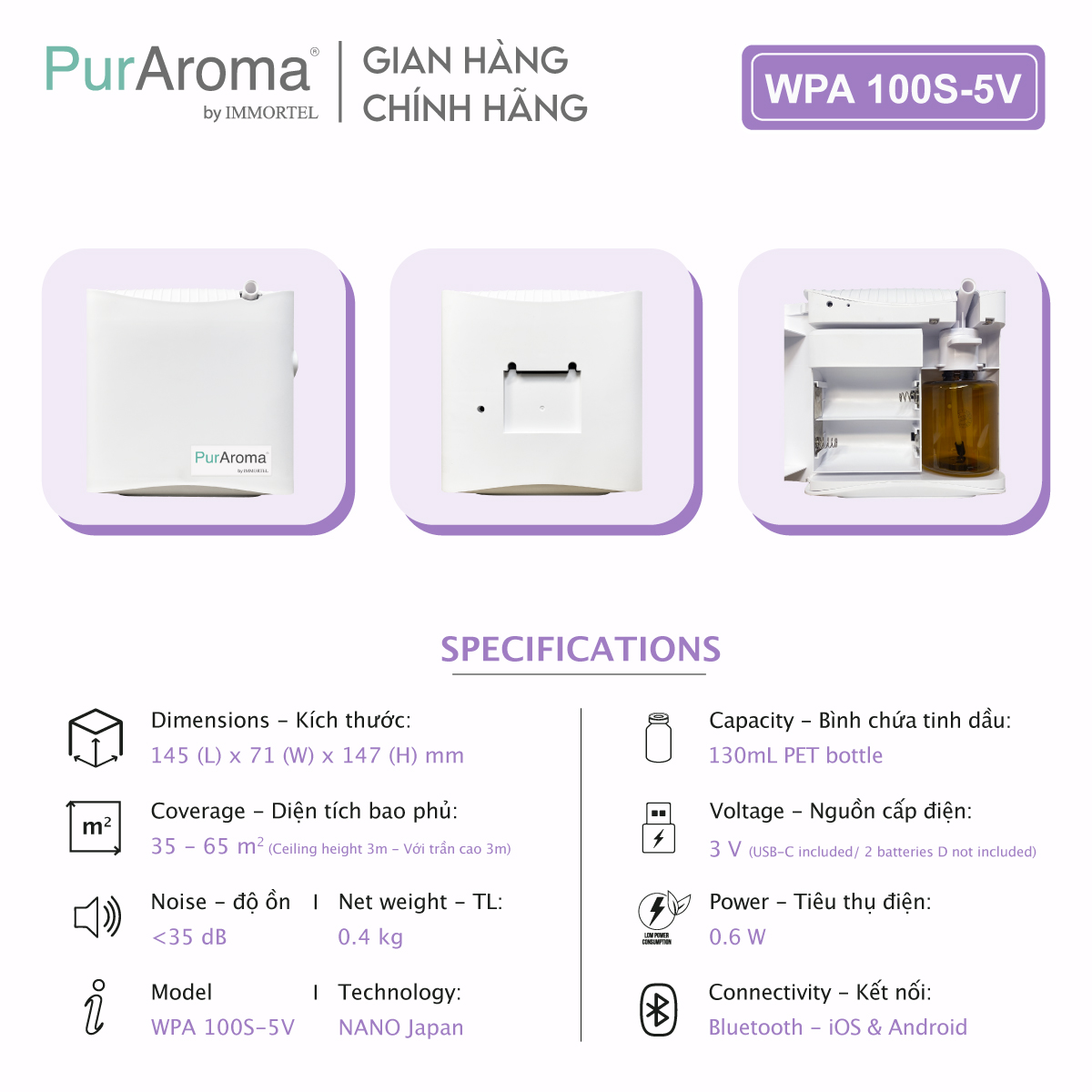 Máy Khuếch Tán Tinh Dầu PurAroma - WPA 100S 5V - Công Nghệ Khuếch Tán Siêu Âm Nhật Bản