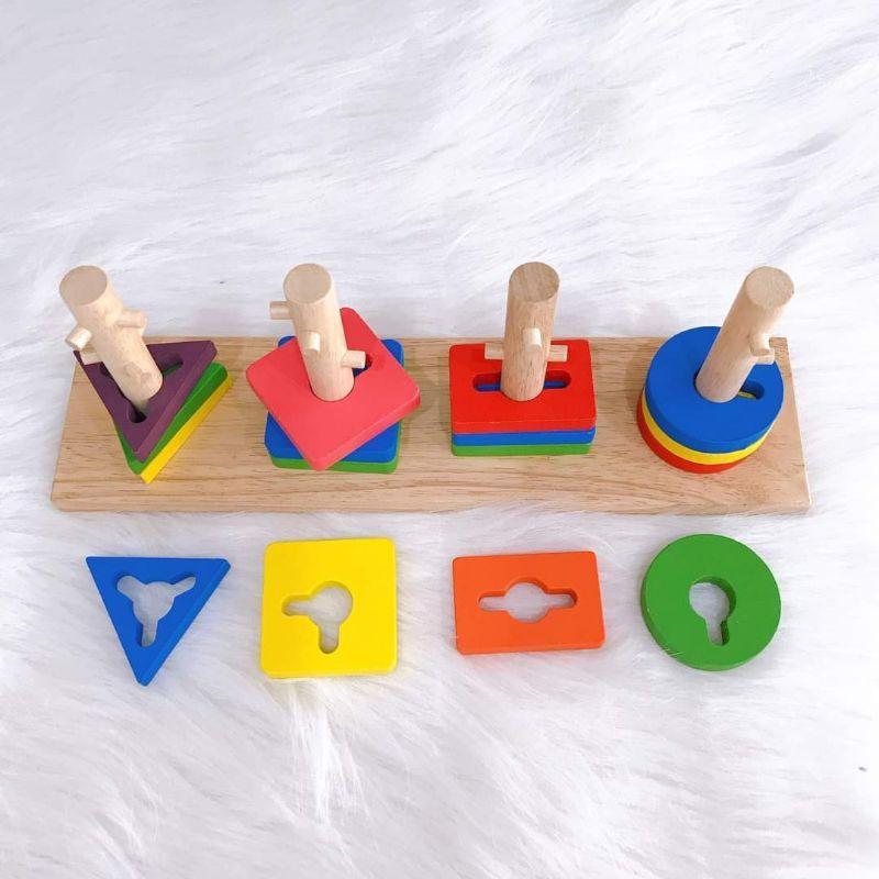 ĐỒ CHƠI- CỘT XẾP HÌNH MONTESSORI 4 CỌC &amp;CHỐT- Đồ chơi gỗ an toàn, học tập, giải trí, thông minh, trí tuệ cho trẻ