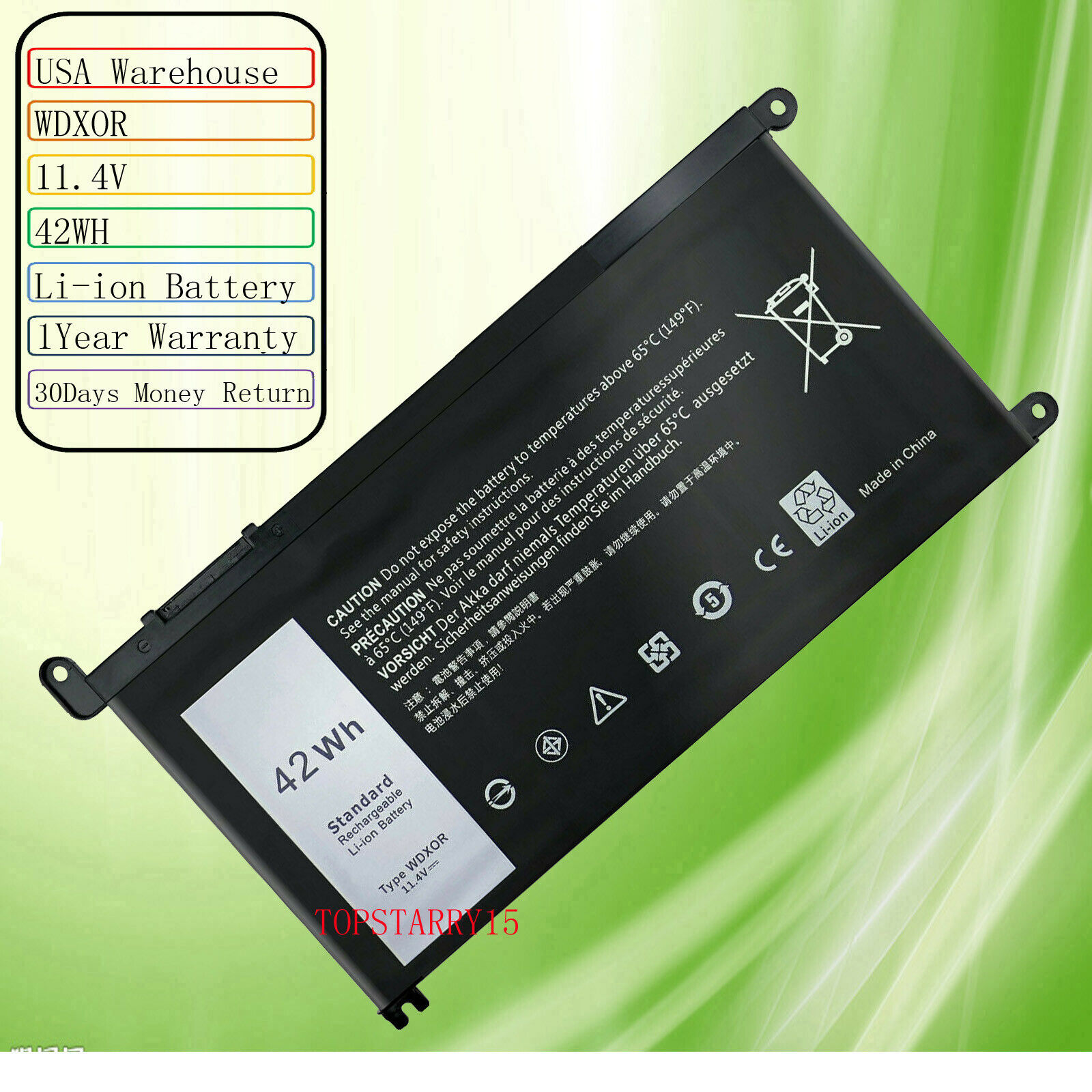 Pin dùng cho laptop Dell Inspiron 15 5568 7560 5567 13 5378 5379 7368 42Wh WDXOR