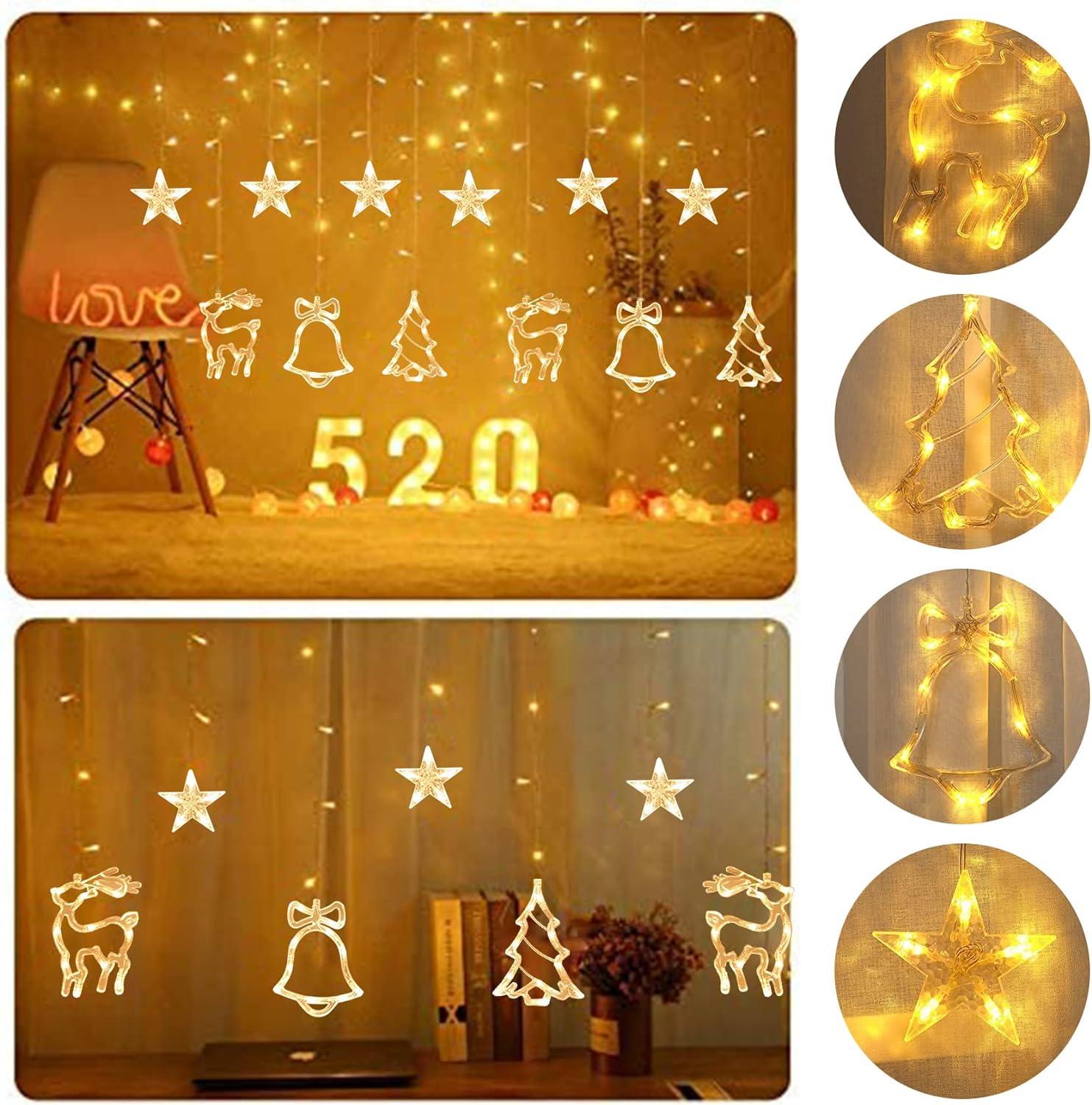 Vòng hoa ánh sáng Giáng sinh, Màn ánh sáng, Đèn màn LED, Màn ánh sáng Giáng sinh, Trang trí Giáng sinh, Vòng hoa ánh sao, 8 chế độ ánh sáng với 5 móc