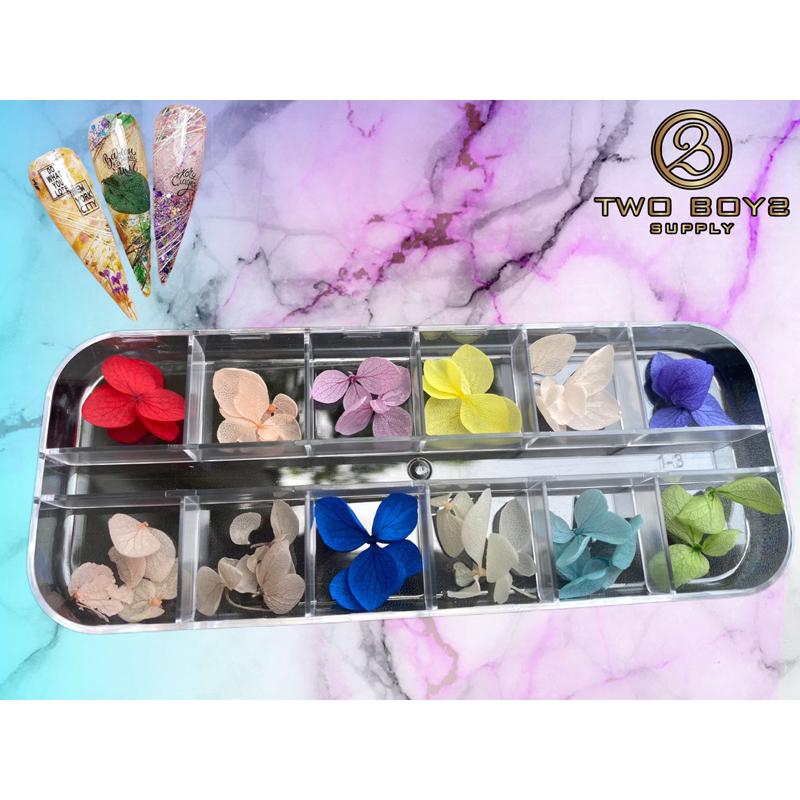 Hoa khô trang trí móng tay - Set 12 màu hoa khô cánh lớn khay chữ nhật đắp gel ẩn,ẩn móng bột