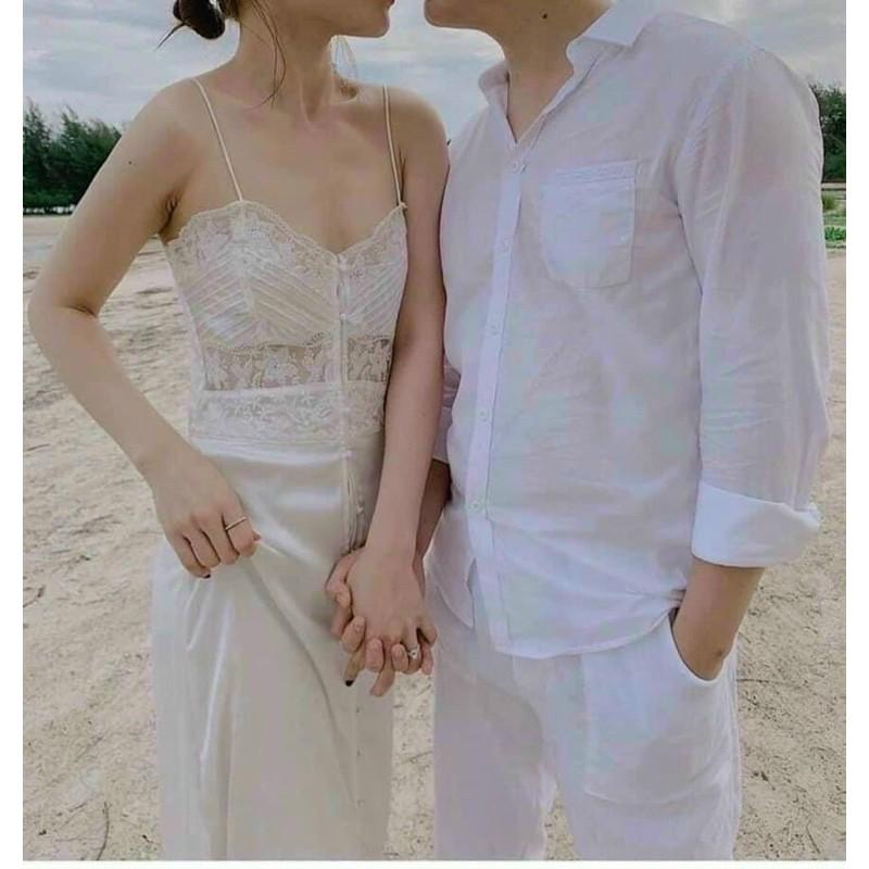 Đầm midi trắng 2s viền ren phối nút