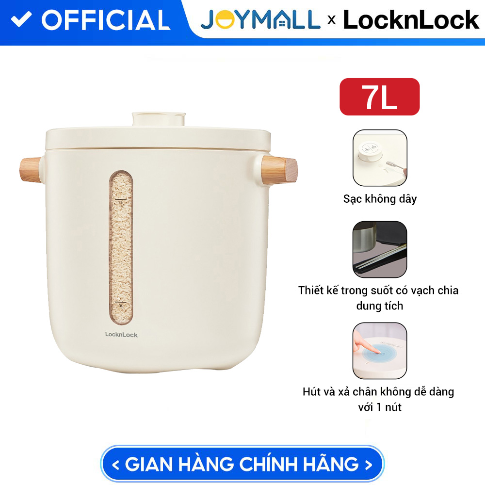 Thùng đựng gạo 7L LocknLock Vacuum Rice Keeper EJR973WHT, Hàng chính hãng, tự động hút chân không, sạc không dây - JoyMall