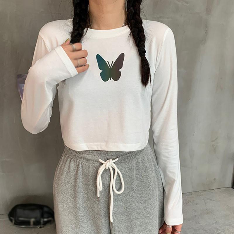Áo Thun Tay Ngắn Họa Tiết Hình Bướm Phản Quang Dễ Thương Cho Nữ