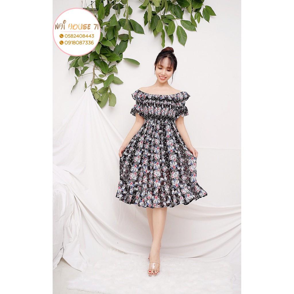 Đầm Voan Hoa NHIHOUSE71 Dáng Xòe Qa Gối bẹt Vai Dún Chỉ Freesize Dưới 56kg