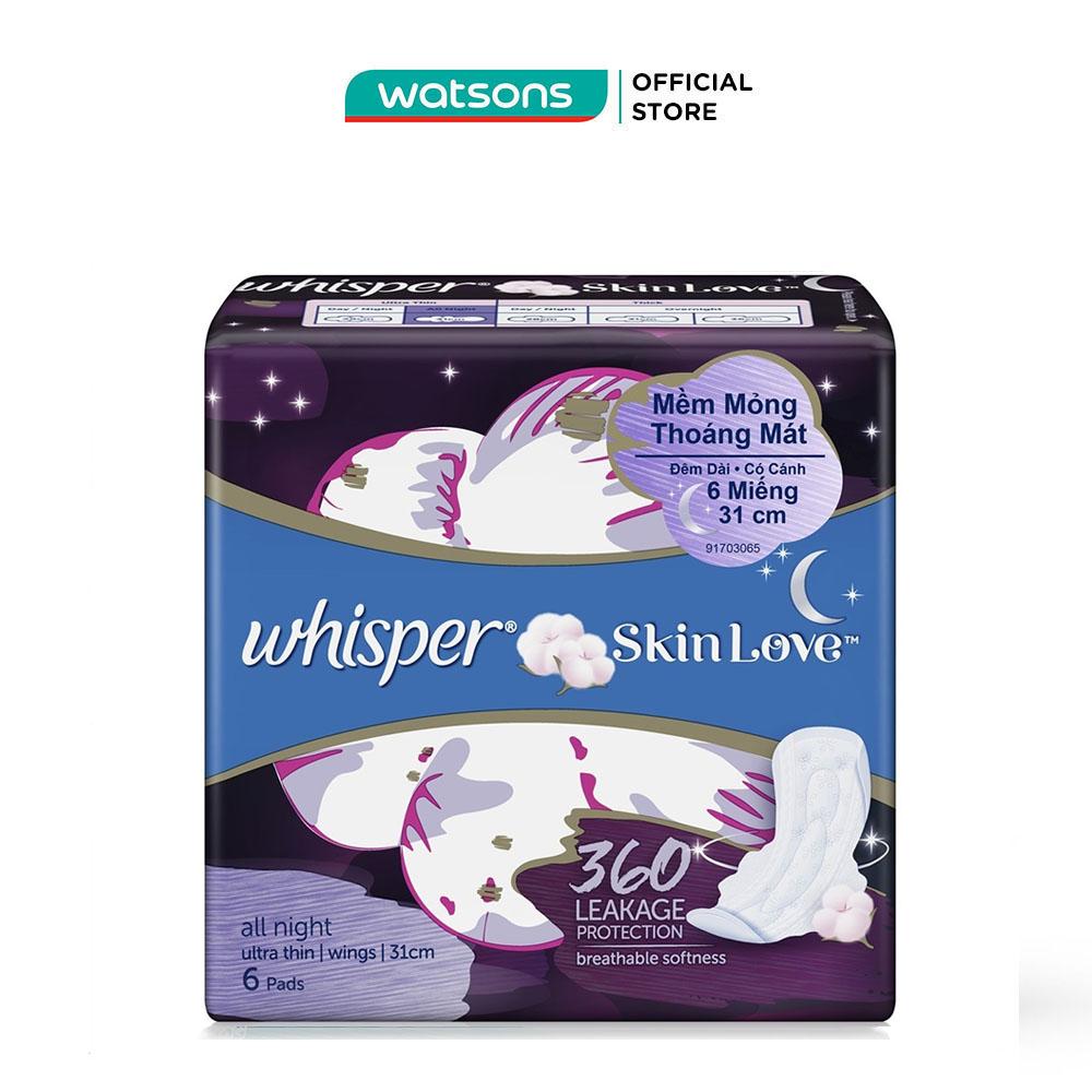 Băng Vệ Sinh Whisper Skinlove All Night Ultra Slim Wings 360 Leakage Protection Ban Đêm 31cm 6 Miếng