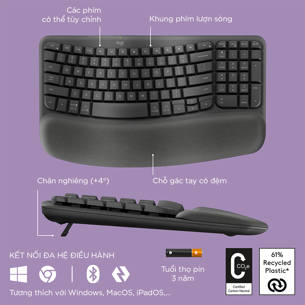 Bàn phím không dây Công thái học Logitech Wave Keys - Hàng chính hãng