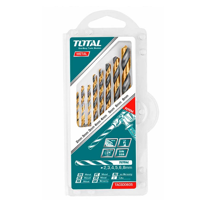 Bộ mũi khoan kim loại HSS 8 chi tiết size 2-8mm TOTAL TACSD0801 - Khoan tốt sắt, thép, độ cứng cao, chịu lực tốt