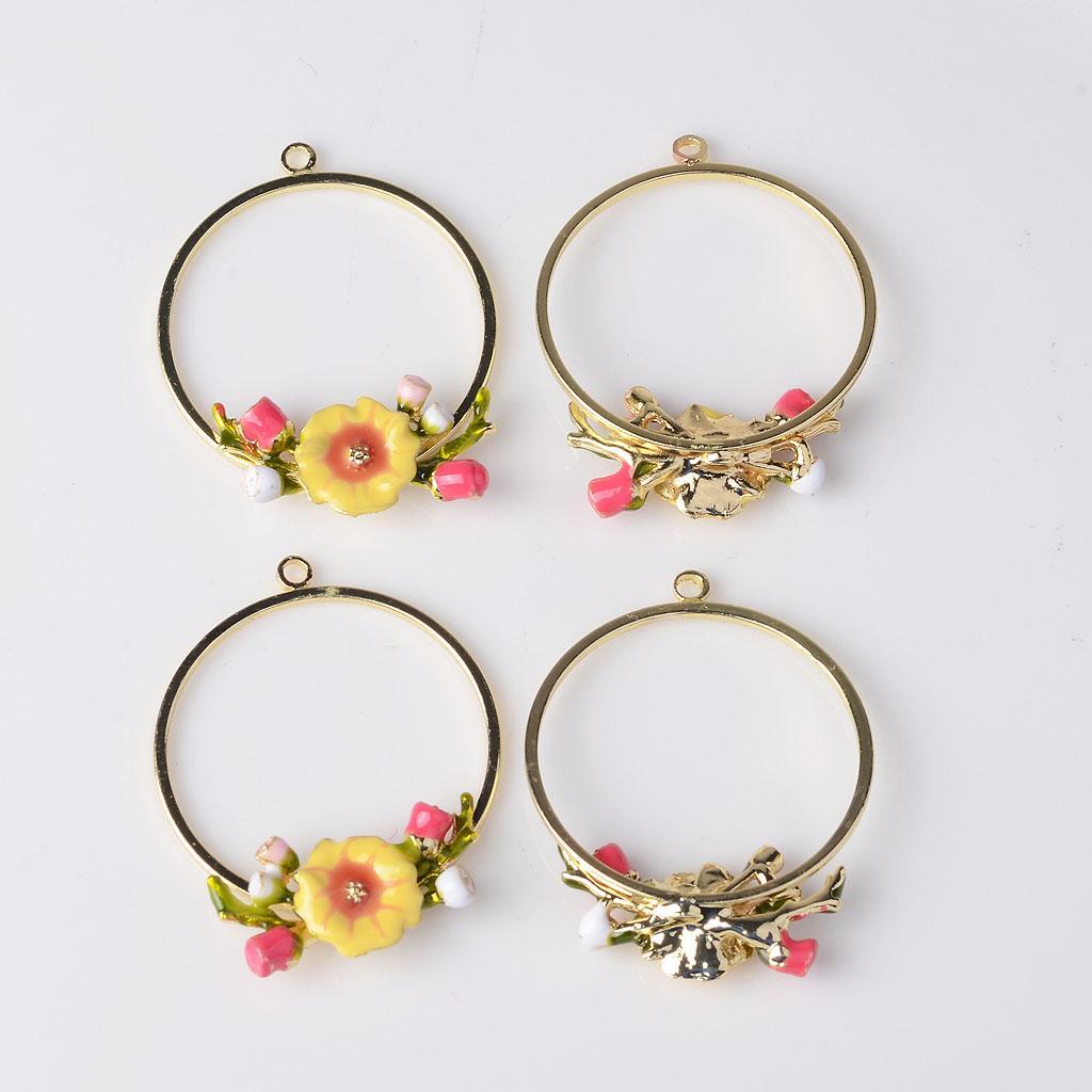 4 Pcs Gold Alloy Enamel Flower Charms Pendants DIY Jewelry Making Findings