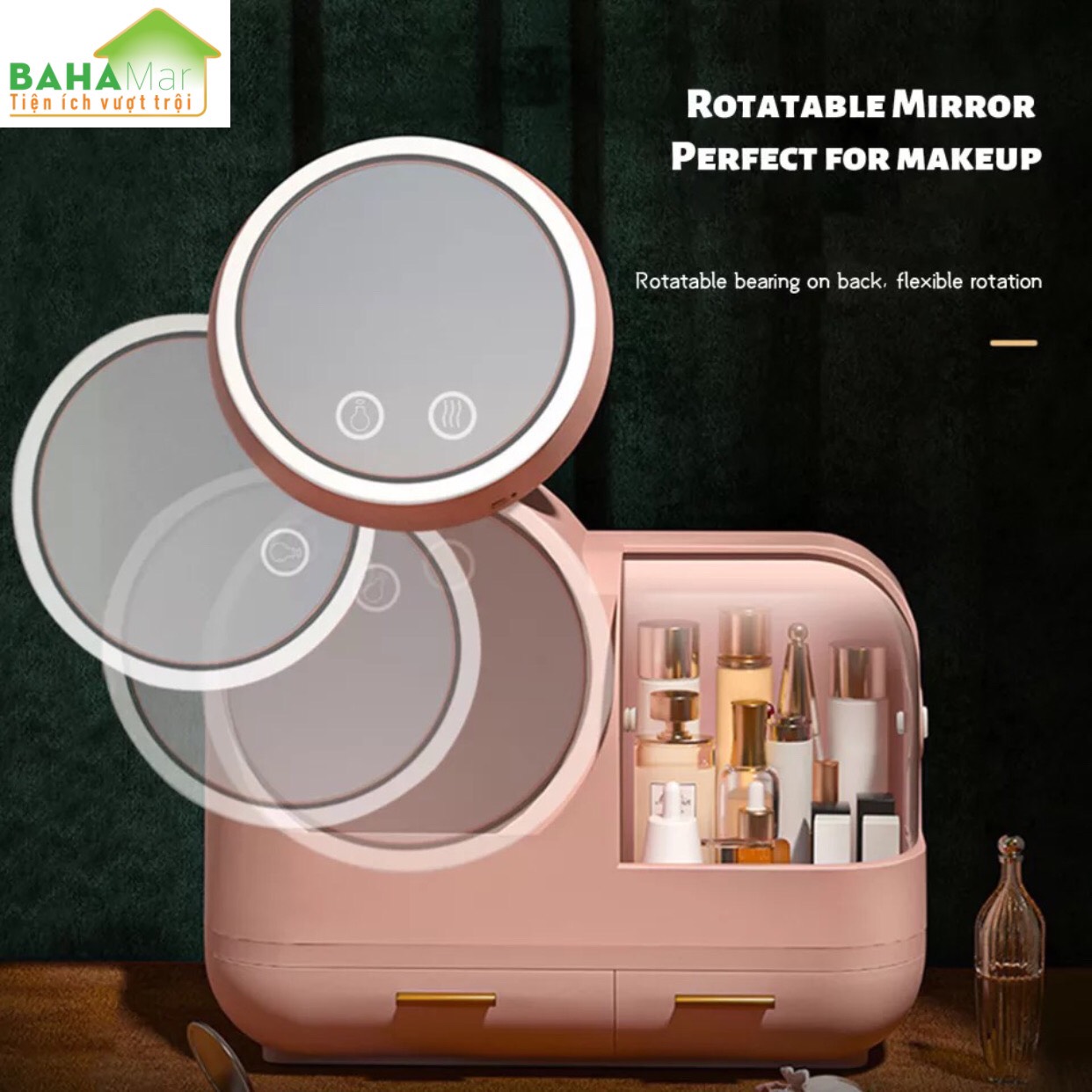 HỘP ĐỰNG MỸ PHẨM CÓ GƯƠNG TRANG ĐIỂM ĐÈN LED QUẠT BAHAMAR có quạt thổi khô lớp trang điểm thiết kế tay cầm dễ dàng xách di chuyển hộp chống bụi v