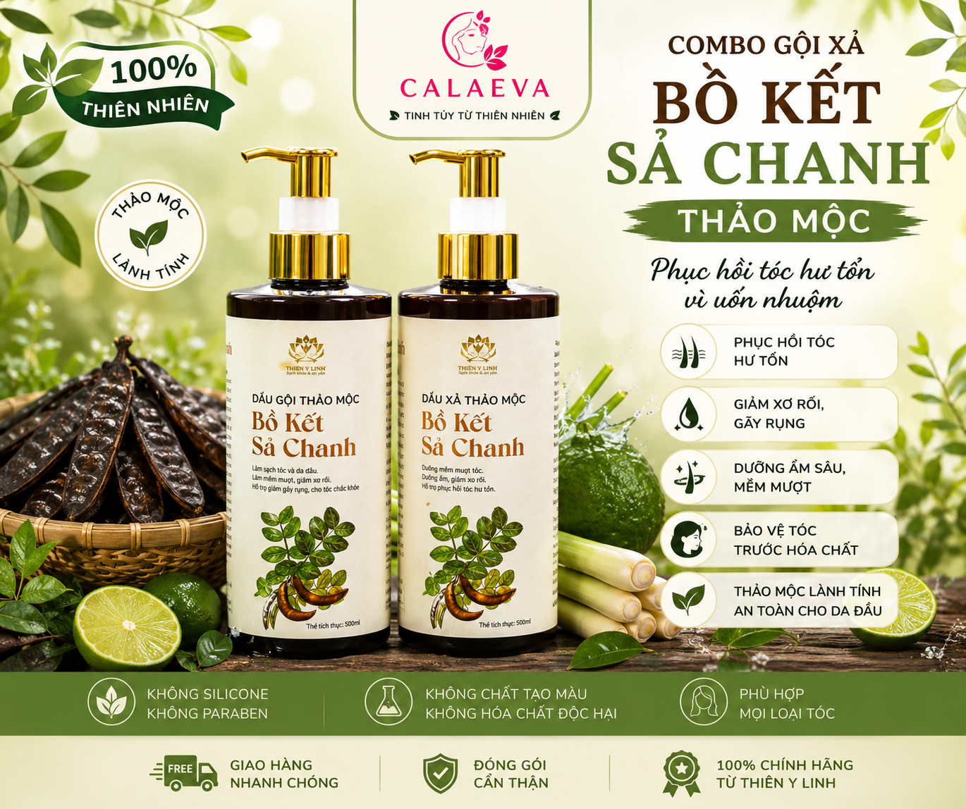 Combo Gội Xả Bồ Kết Sả Chanh thảo mộc phục hồi tóc hư tổn vì uốn nhuộm.