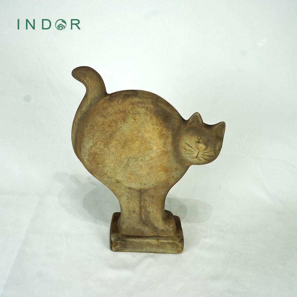 Tượng chú mèo thân tròn đuôi dài chất liệu đất nung terracotta Tượng decor Tượng trang trí nội ngoại thất