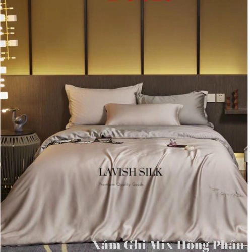 Trọn Bộ Ga Gối Lụa Kèm Chăn Sẵn Ruột + Tặng Bộ Quà Tặng Lavish Silk Cao Cấp - Xám Ghi Mix Hồng Phấn