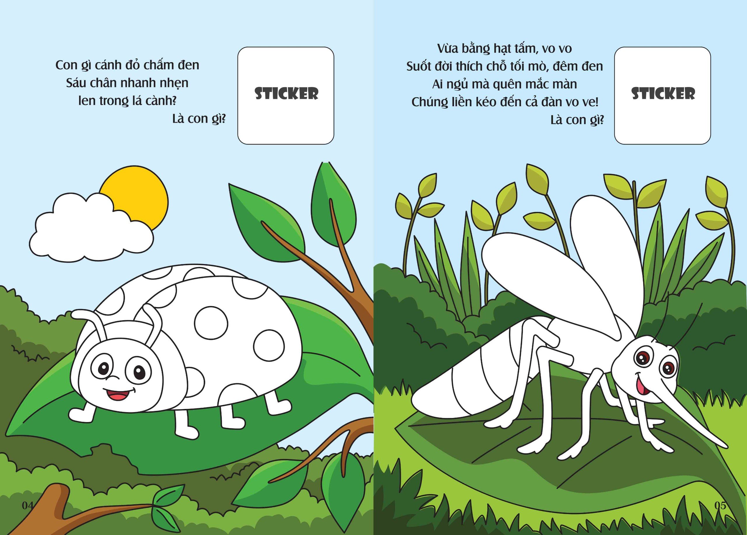 Bé tô màu: Khám phá vườn côn trùng kì thú (côn trùng, bò sát, lưỡng cư) (20+ hình dán sticker)