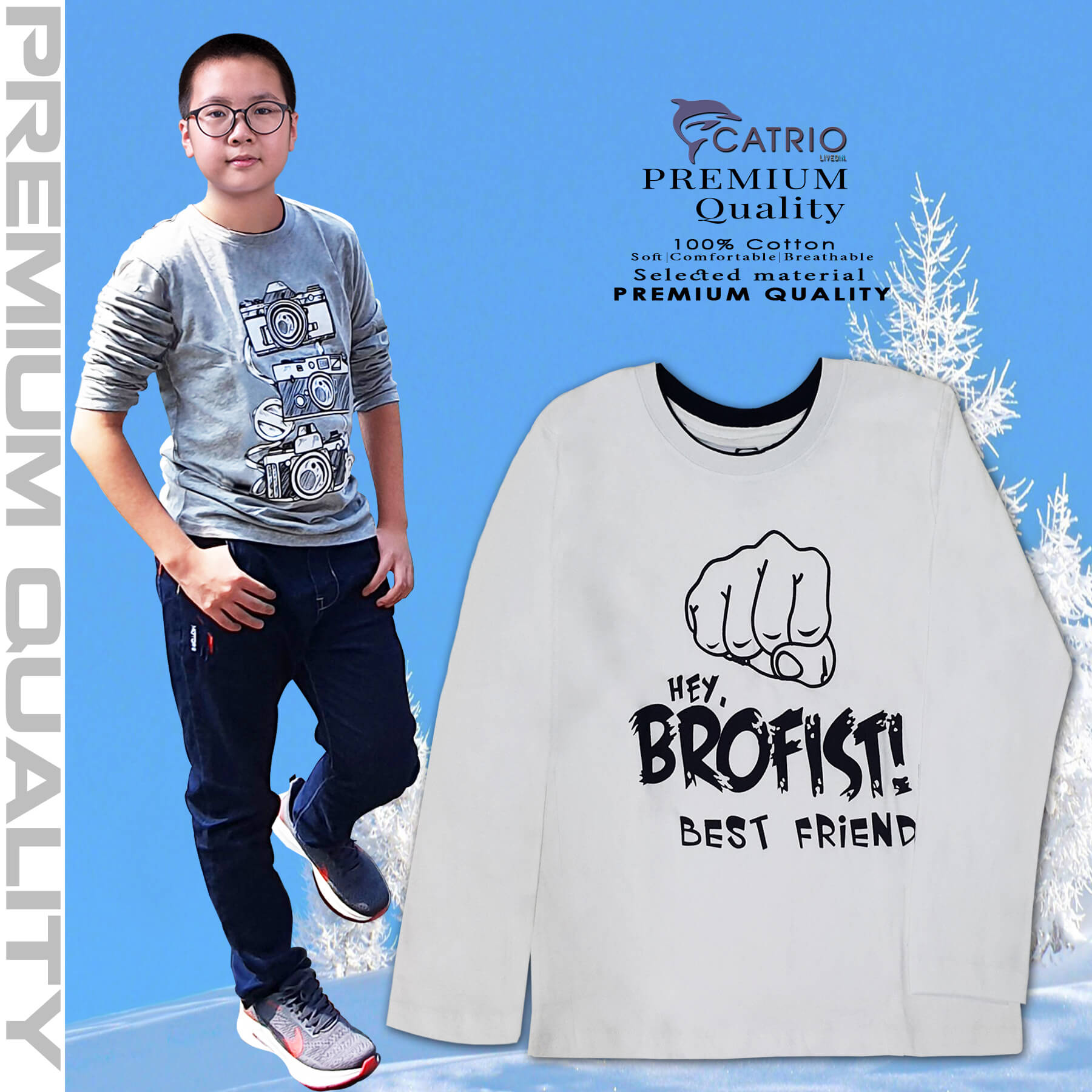 ÁO THUN DÀI TAY BÉ TRAI CATRIO HÌNH BROFIST MÀU TRẮNG là áo phông trẻ em từ 9 tuổi đến 16 tuổi (30kg ... đến 60kg), vải 100% cotton an toàn, thuộc BST quần áo trẻ em mùa thu đông CATRIO 2021