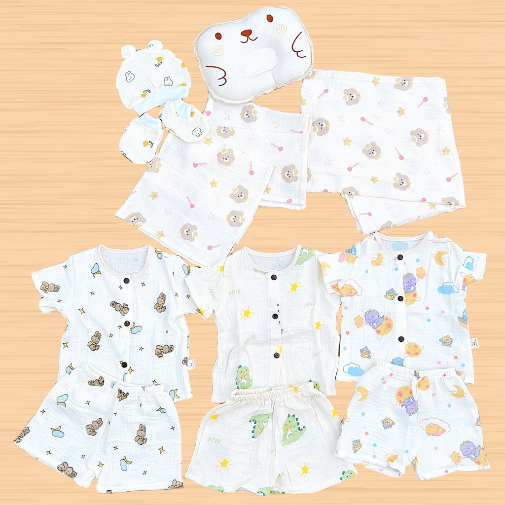 Set Quà Tặng Sơ Sinh Đầy Tháng Chất 17 Chi Tiết Chất Muslin Cho Bé Trai NB House Kids