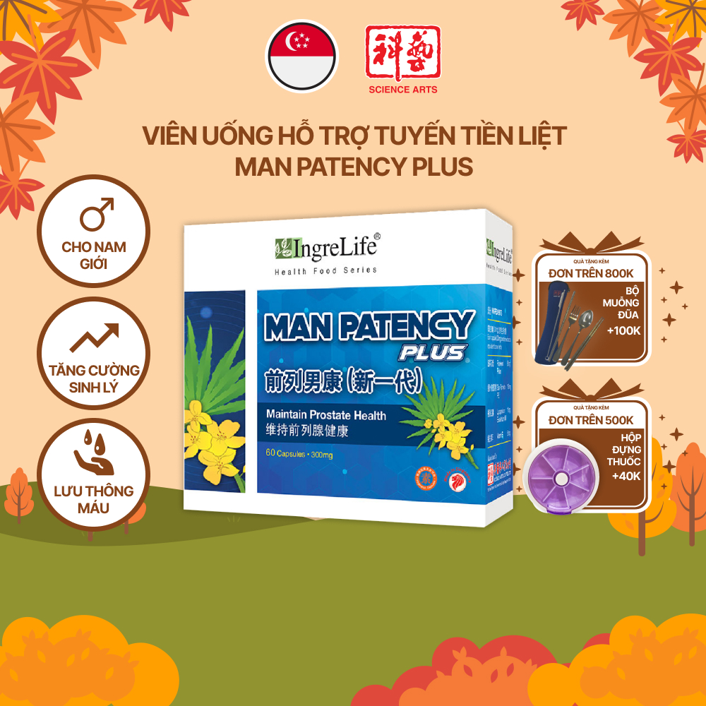 Viên Uống Hỗ Trợ Tuyến Tiền Liệt Cho Nam Giới IngreLife Singapore Tăng Cường Sức Khỏe Sinh Lý, Cải Thiện Lưu Thông Máu Man Patency Plus - Hộp 60 Viên x 300mg