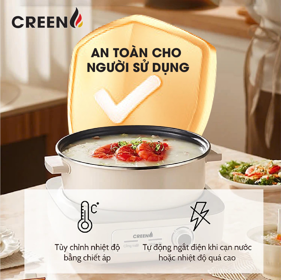 Nồi Lẩu Điện Đa Năng 5L CREEN CR-HP05 Thiết Kế Tháo Rời Độc Đáo, 1500W Bảo Hành 12 Tháng - Hàng Chính Hãng