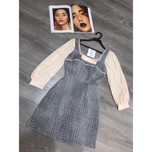 Váy dạ tweed tay voan nơ ngực