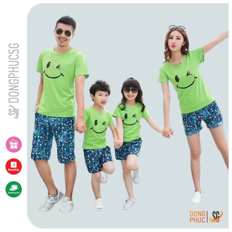 Áo gia đình mặt cười đồ đồng phục gia đình 3/4/5 người thun mềm mịn màu xanh lá GD314XL DONGPHUCSG