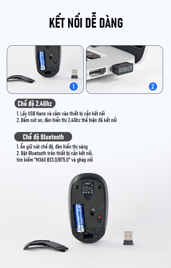 Chuột Không dây USB 2.4G & Bluetooth 5.0 ROBOT M360 Kết nối chế độ kép Tĩnh Âm 1800DPI Hàng chính hãng